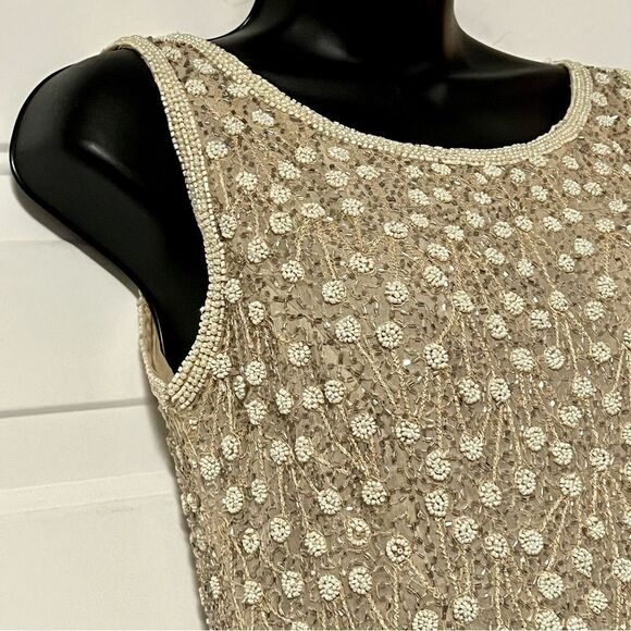 Vtg Adrianna Pappel Evening Silk Beaded Embroidered Pearl Sleeveless Top S - Picture 2 of 16